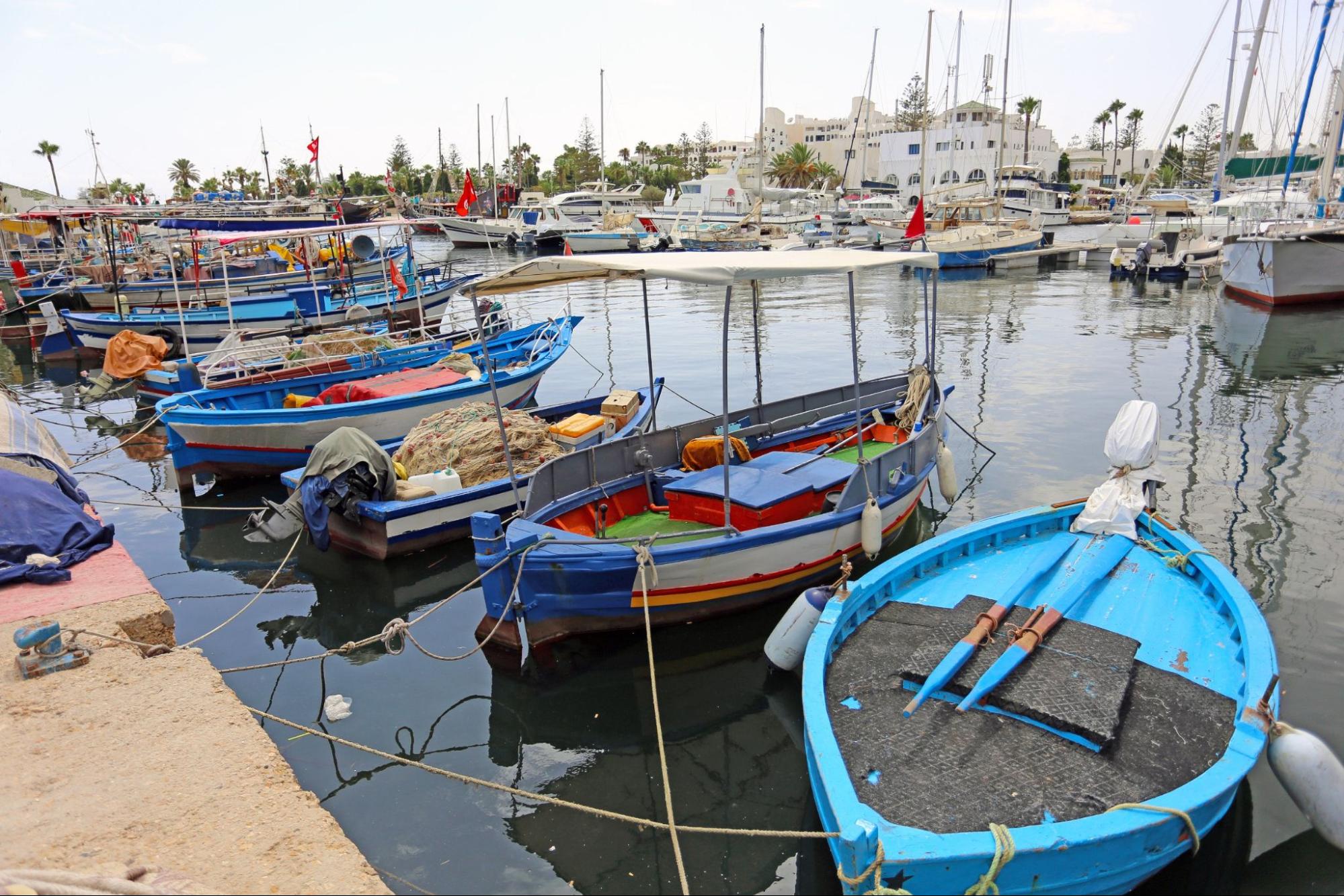 Colorful fishing boats in Port El Kantaoui, Tunisia