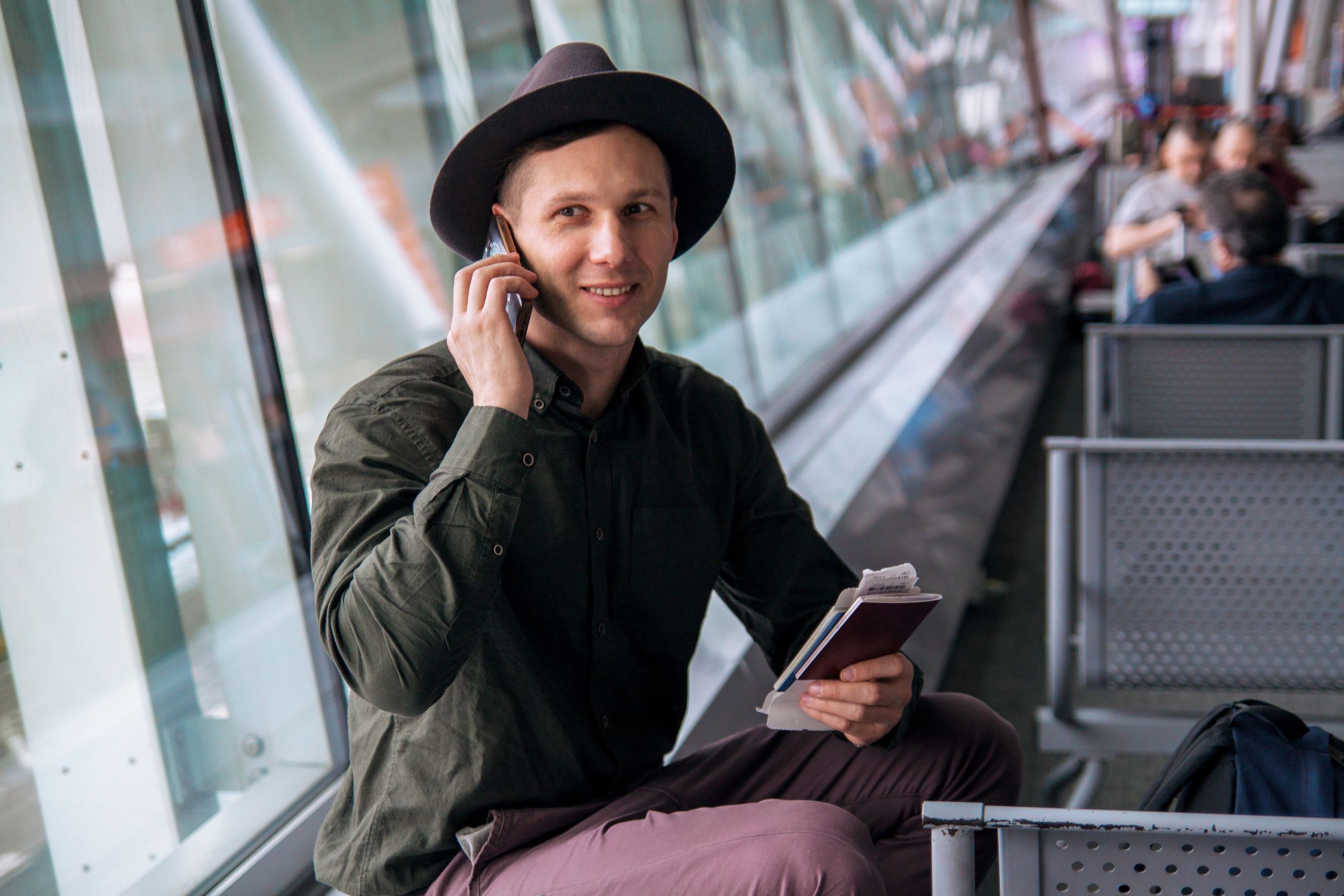 Happy Business Man Waiting For His Fligh In Airport Happy Business Man Waiting For His Fligh In Airport