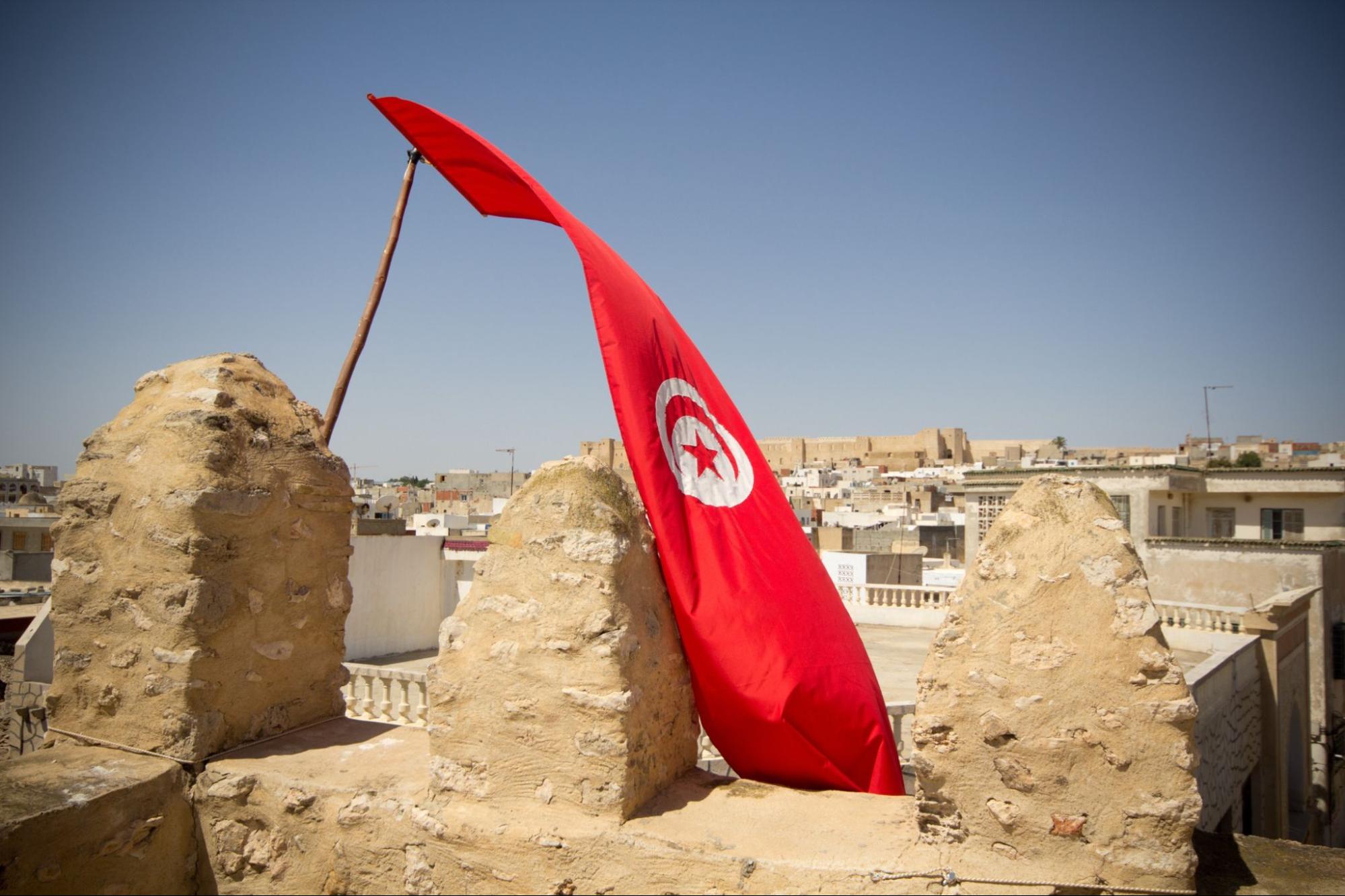 Detail of Medina in Sousse, Tunisia with flag